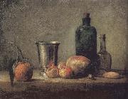 Jean Baptiste Simeon Chardin Orange silver apple pears and two glasses of wine bottles Germany oil painting artist